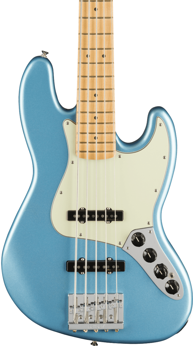 Front of Fender Player Plus Jazz Bass V MP Opal Spark.