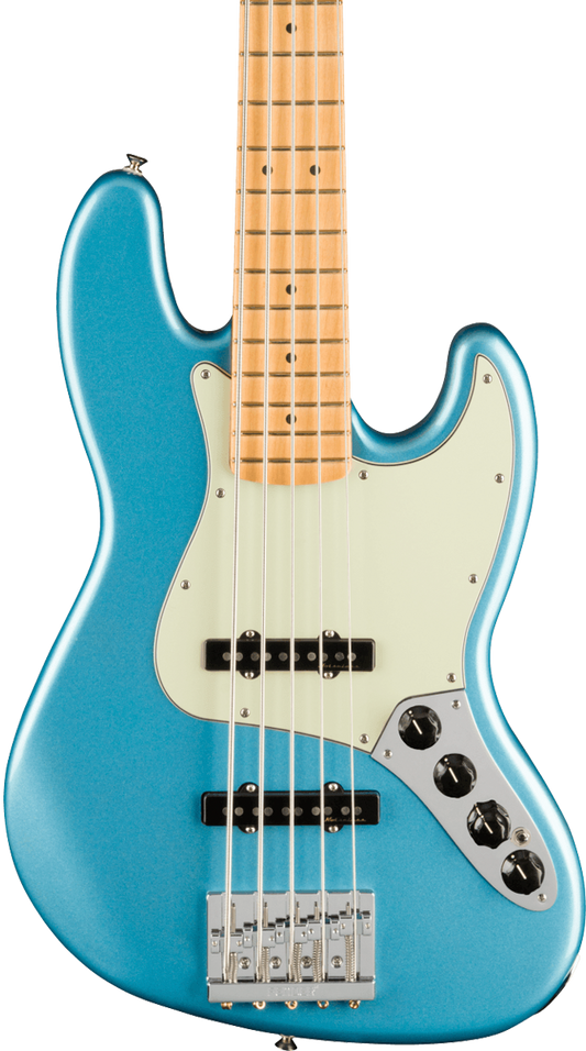Front of Fender Player Plus Jazz Bass V MP Opal Spark.
