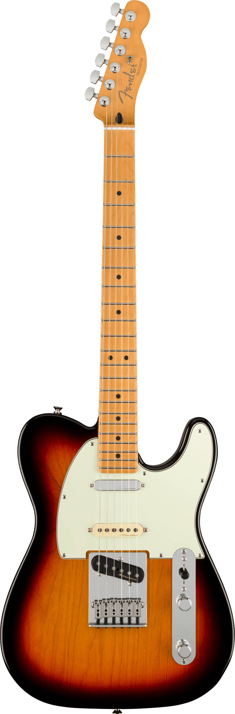 Full frontal of Fender Player Plus Nashville Telecaster MP 3-Color Sunburst.