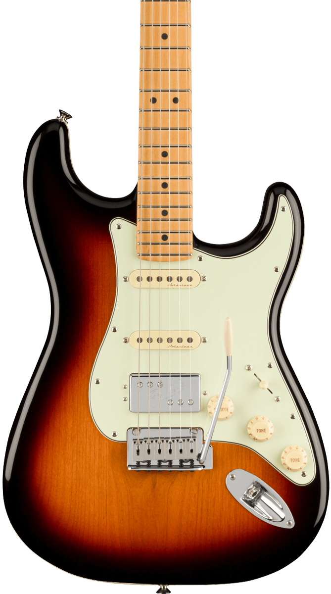 Front of Fender Player Plus Stratocaster HSS MP 3-Color Sunburst.