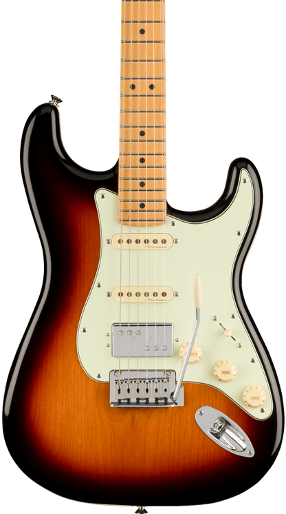 Front of Fender Player Plus Stratocaster HSS MP 3-Color Sunburst.