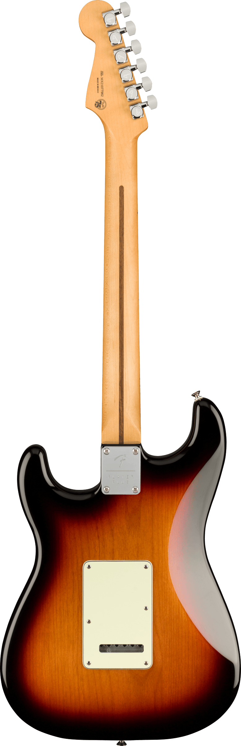 Back of Fender Player Plus Stratocaster HSS MP 3-Color Sunburst.
