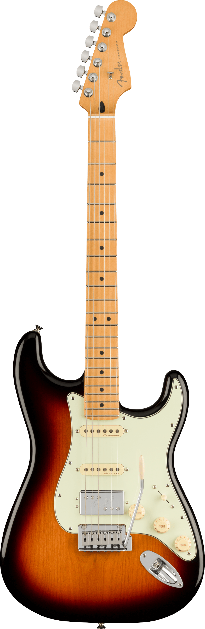 Full frontal of Fender Player Plus Stratocaster HSS MP 3-Color Sunburst.