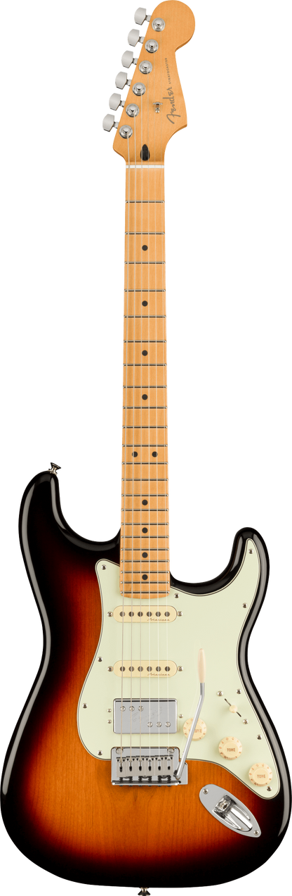 Full frontal of Fender Player Plus Stratocaster HSS MP 3-Color Sunburst.