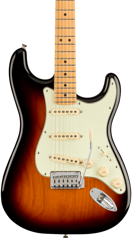 Front of Fender Player Plus Stratocaster MP 3-Color Sunburst.