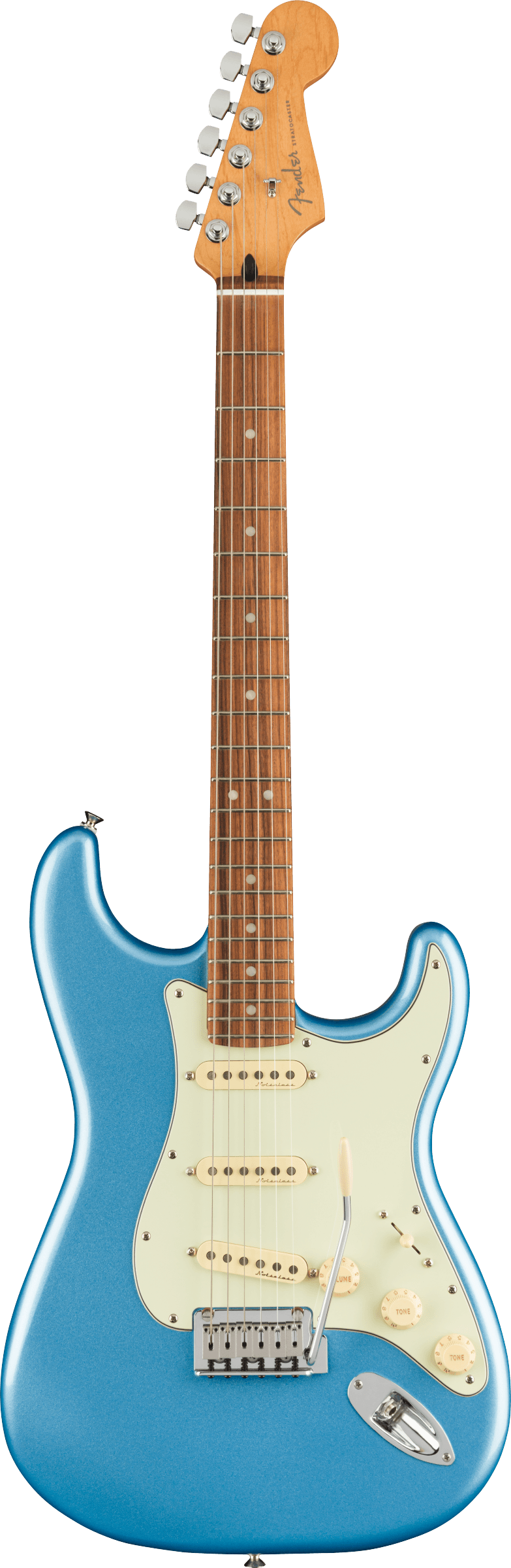 Full frontal of Fender Player Plus Stratocaster PF Opal Spark.