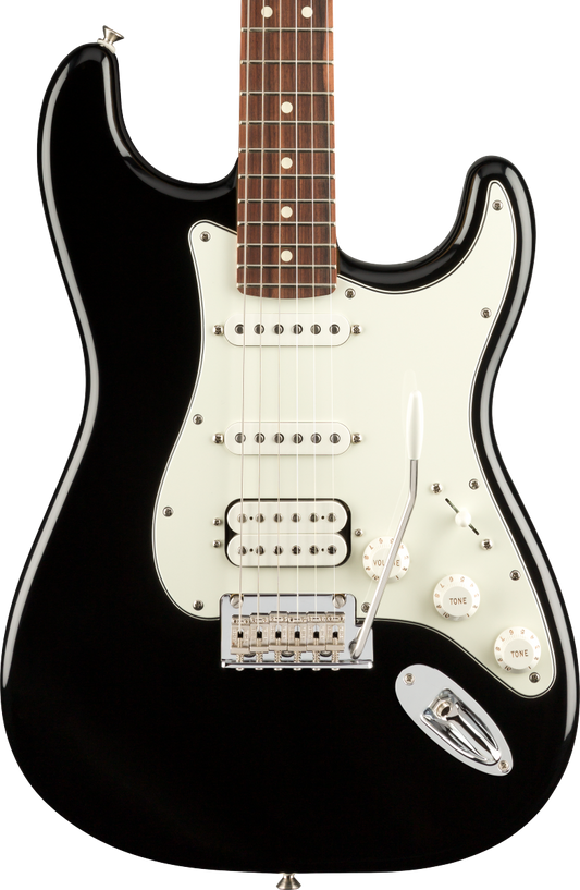 Front of Fender Player Stratocaster HSS Pau Ferro Fingerboard Black.