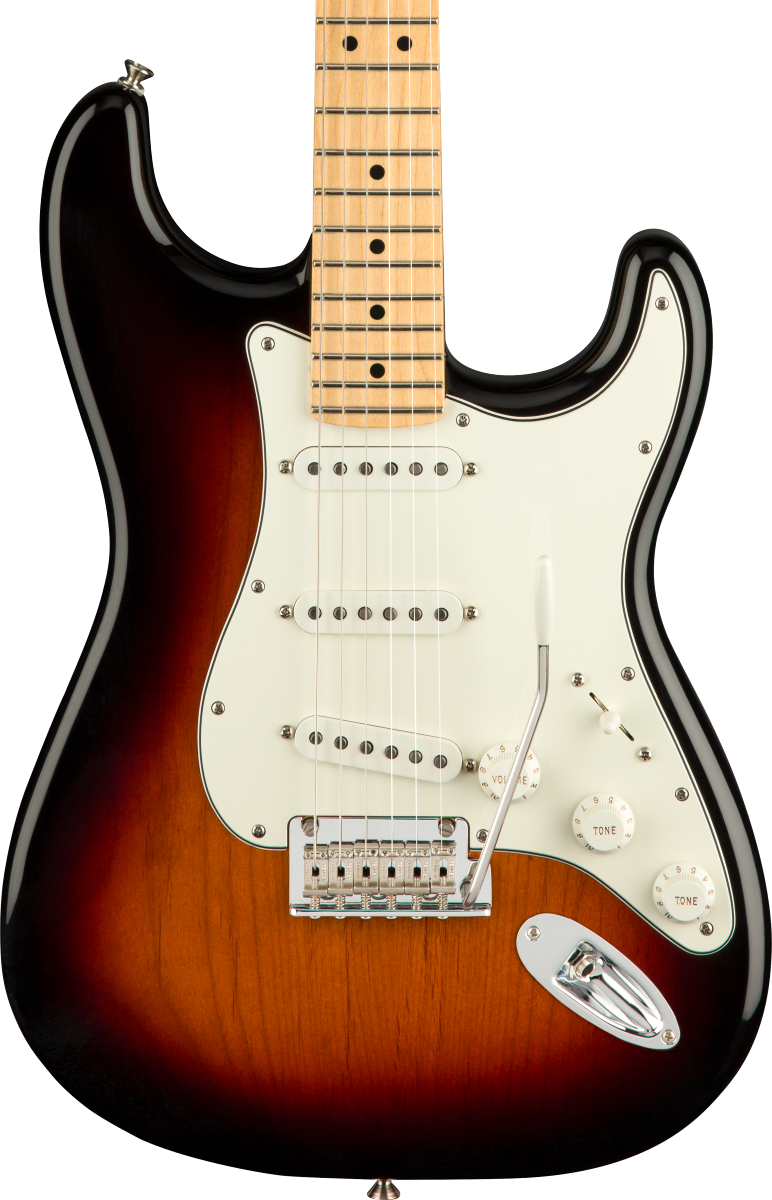 Front of Fender Player Stratocaster MP 3-Color Sunburst.