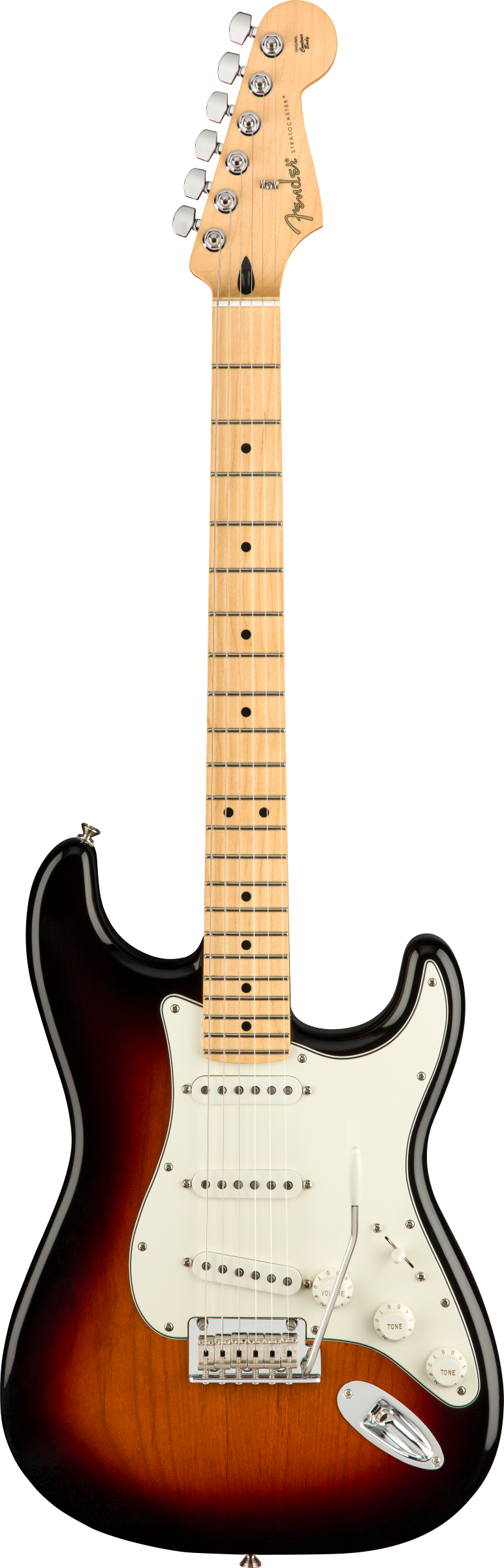 Full frontal of Fender Player Stratocaster MP 3-Color Sunburst.
