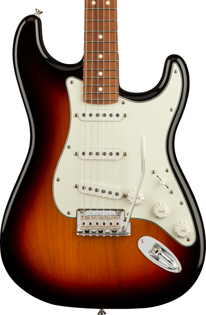 Front of Fender Player Stratocaster PF 3-Color Sunburst.