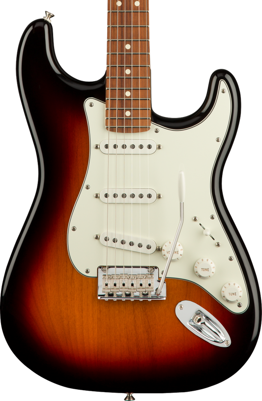Front of Fender Player Stratocaster PF 3-Color Sunburst.