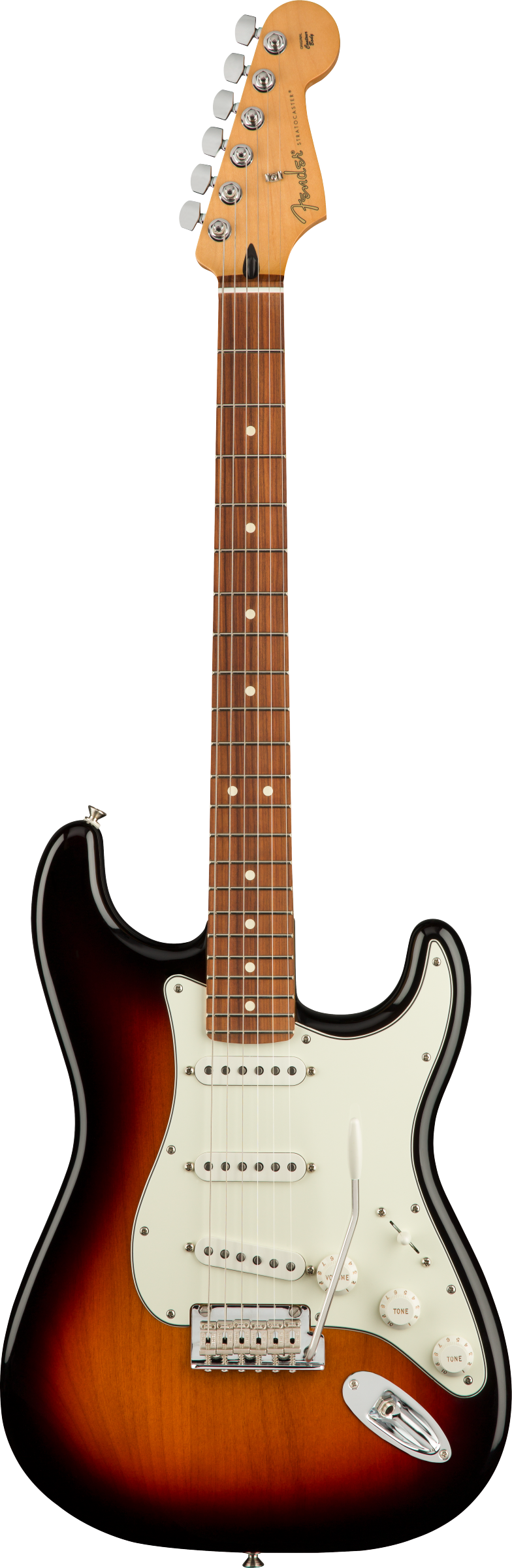Full frontal of Fender Player Stratocaster PF 3-Color Sunburst.