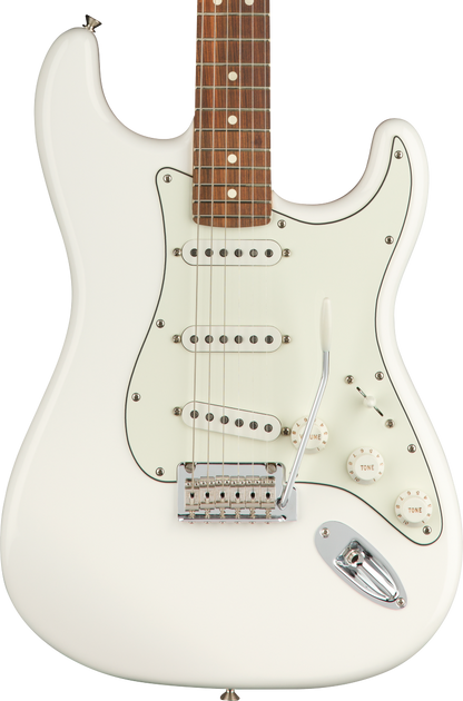 Front of Fender Player Stratocaster PF Polar White.