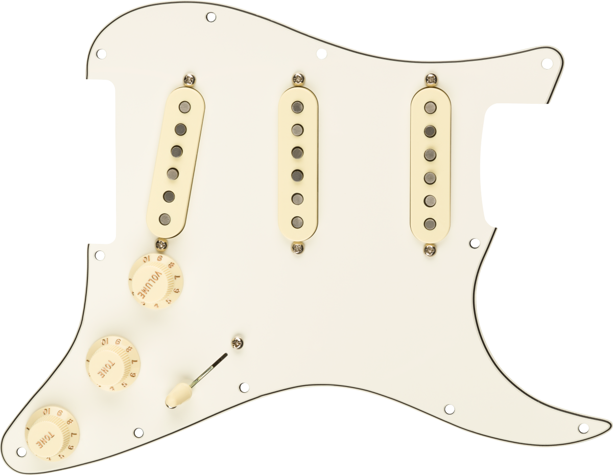 Front of Fender Pre-Wired Strat Pickguard Custom Shop Fat 50's SSS Parchment 11 Hole PG.