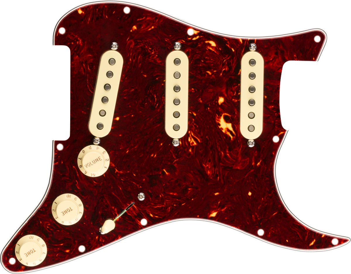 Front of Fender Pre-Wired Strat Pickguard Original '57/'62 SSS Tortoise Shell 11 Hole.