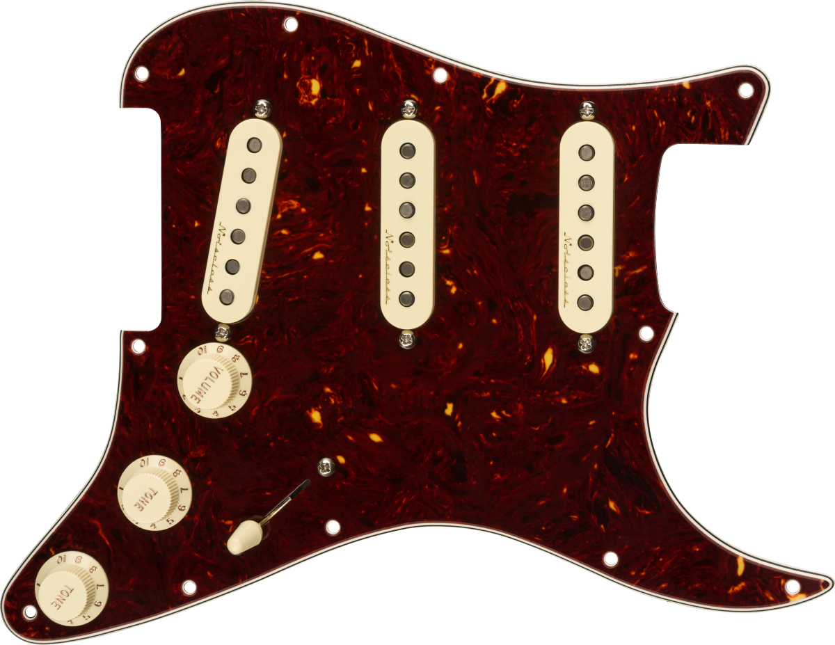 Front of Fender Pre-Wired Strat Pickguard Vintage Noiseless SSS Tortoise Shell 11 Hole PG.