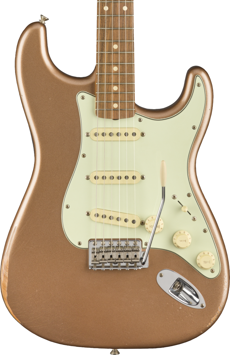 Front of Fender Vintera Road Worn 60s Stratocaster Pau Ferro Fingerboard Firemist Gold.