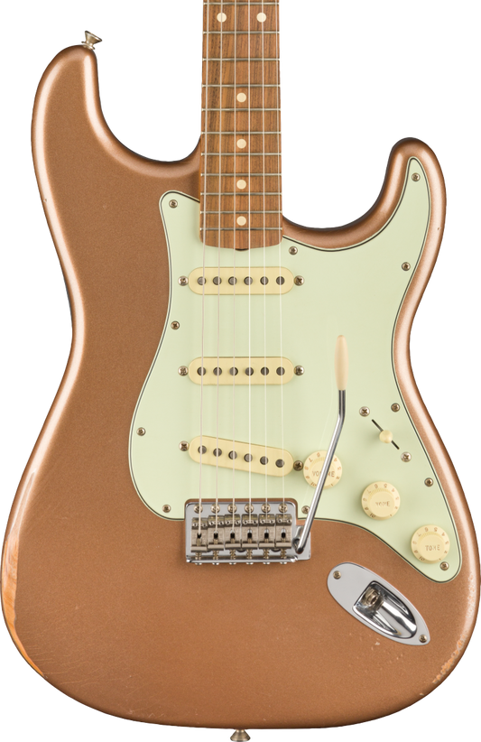 Front of Fender Vintera Road Worn 60s Stratocaster Pau Ferro Fingerboard Firemist Gold.