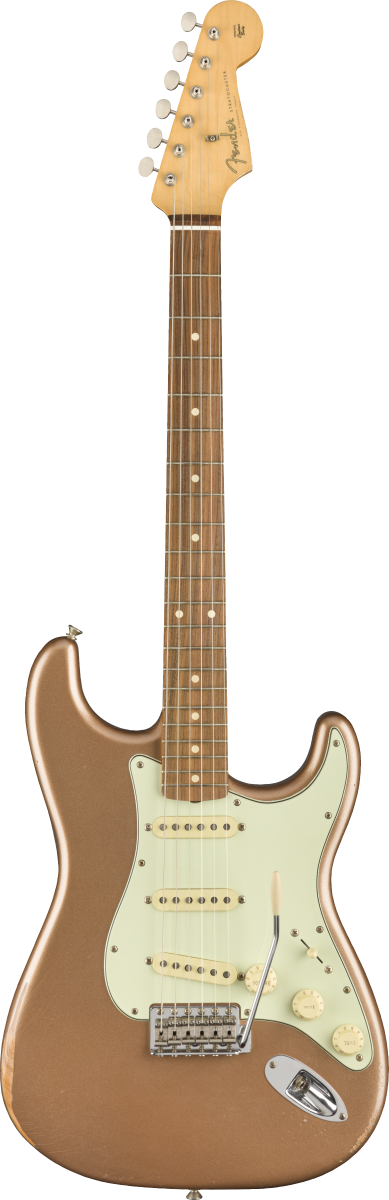 Full frontal of Fender Vintera Road Worn 60s Stratocaster Pau Ferro Fingerboard Firemist Gold.