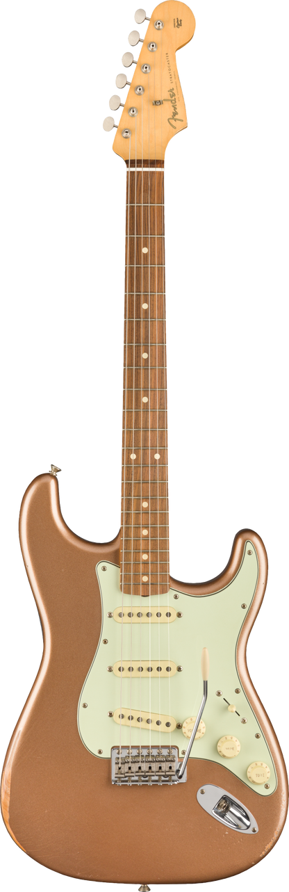 Full frontal of Fender Vintera Road Worn 60s Stratocaster Pau Ferro Fingerboard Firemist Gold.
