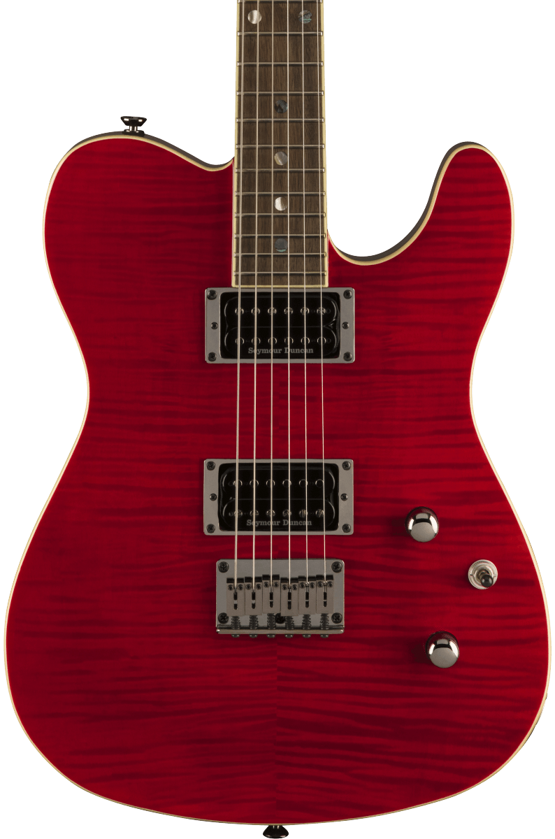 Front of Fender Special Edition Custom Telecaster FMT HH Crimson Red Transparent.