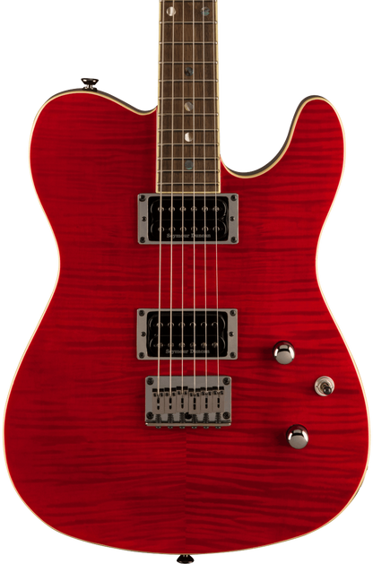Front of Fender Special Edition Custom Telecaster FMT HH Crimson Red Transparent.