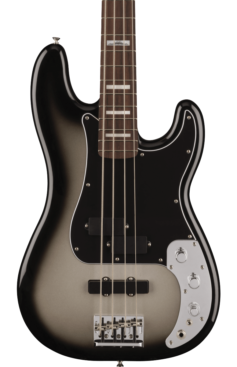 Front of Fender Troy Sanders Precision Bass RW Silverburst.