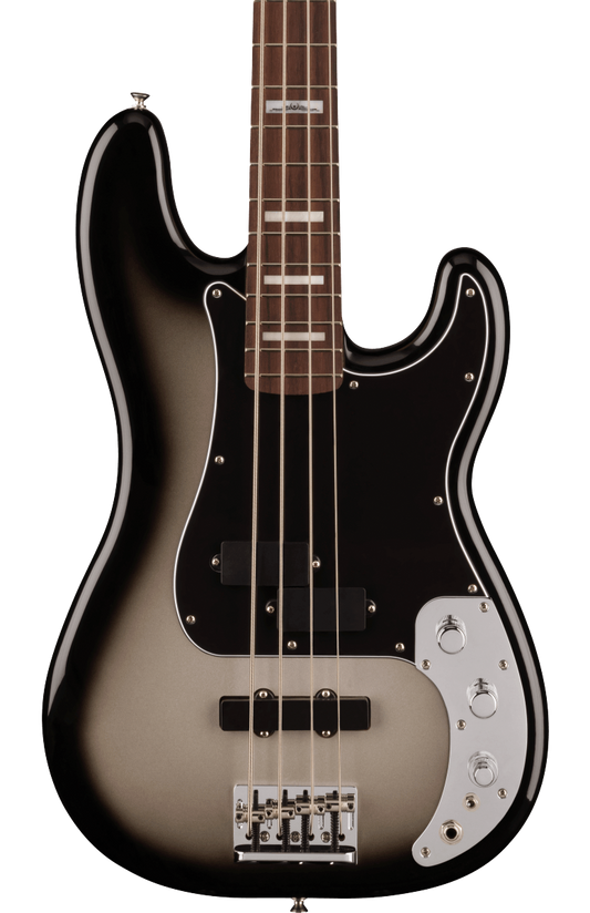 Front of Fender Troy Sanders Precision Bass RW Silverburst.
