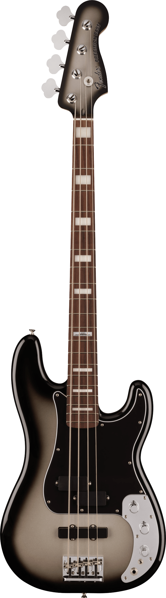 Full frontal of Fender Troy Sanders Precision Bass RW Silverburst.