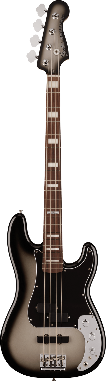 Full frontal of Fender Troy Sanders Precision Bass RW Silverburst.
