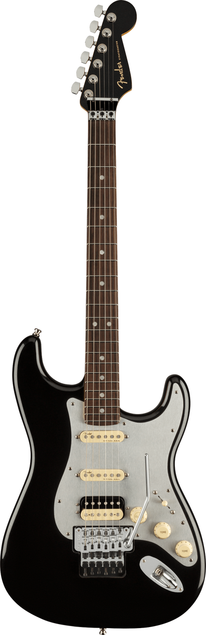 Full frontal of Fender American Ultra Luxe Stratocaster Floyd Rose HSS RW Mystic Black.