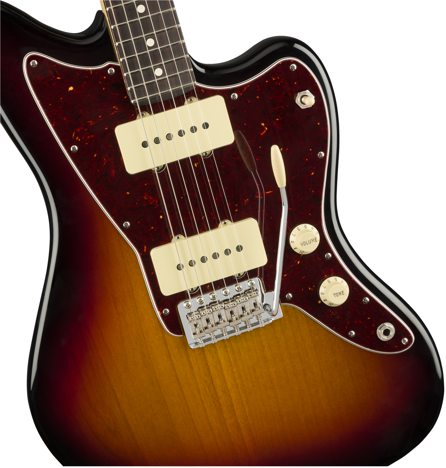 Front left angle of Fender American Performer Jazzmaster RW 3-Color Sunburst.