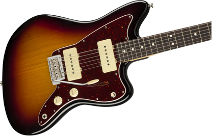 Front right angle of Fender American Performer Jazzmaster RW 3-Color Sunburst body.