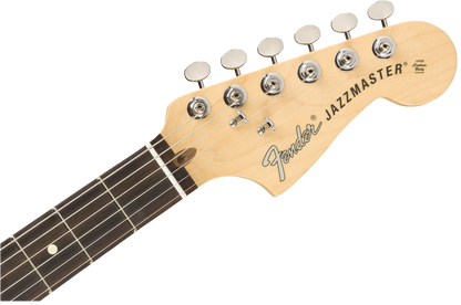 Close up of Fender American Performer Jazzmaster RW 3-Color Sunburst headstock.