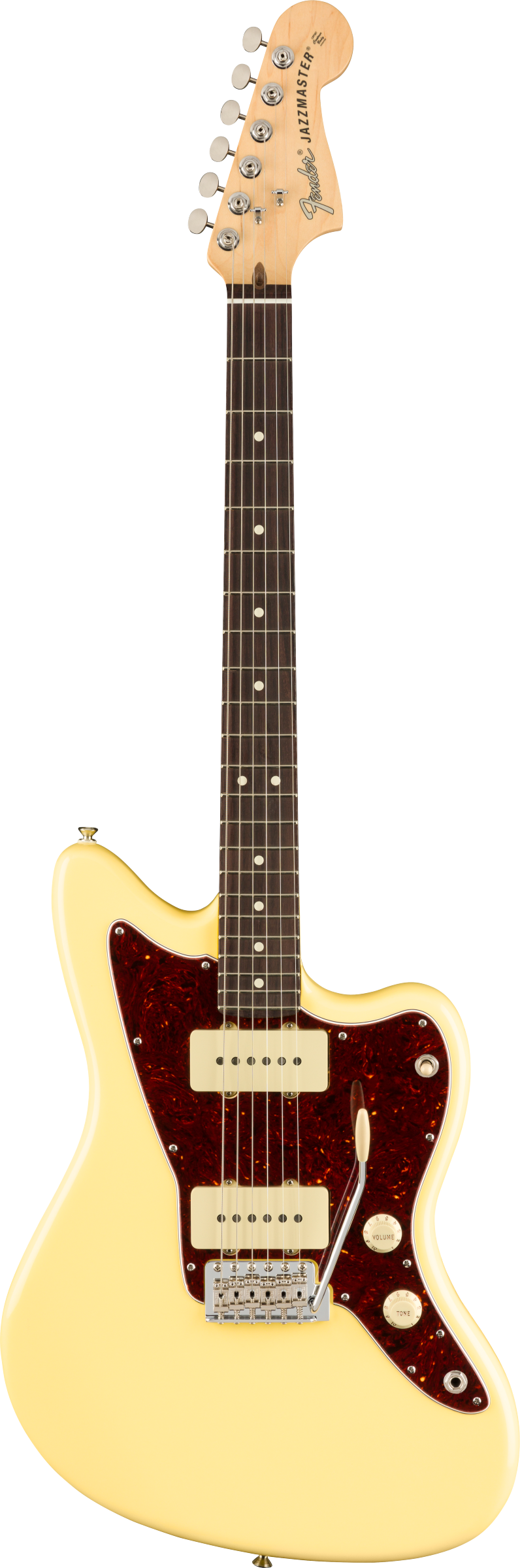 Full frontal of Fender American Performer Jazzmaster RW Vintage White.