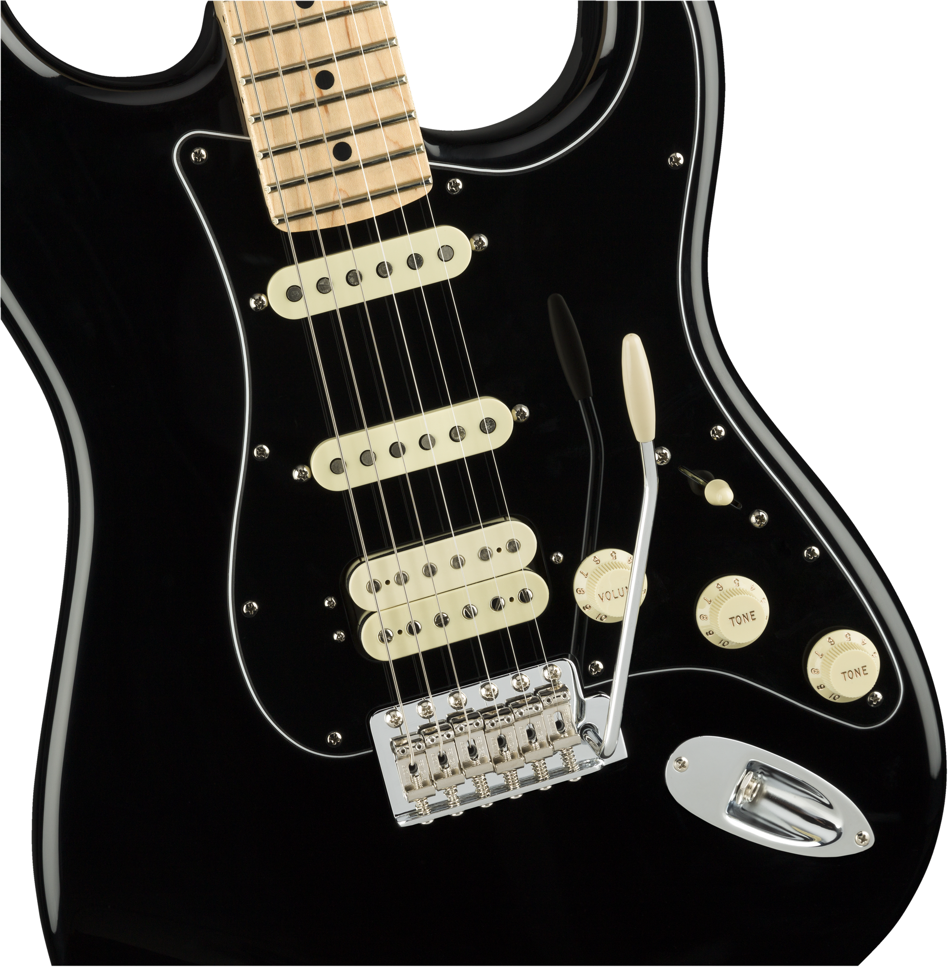 Close up angle of Fender American Performer Stratocaster HSS MP Black body.