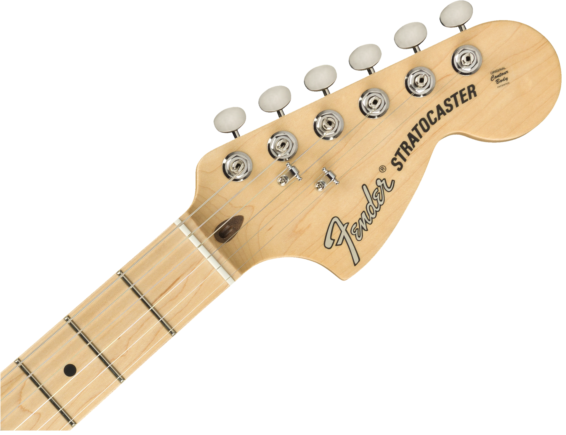 Close up angle of Fender American Performer Stratocaster HSS MP Black headstock.
