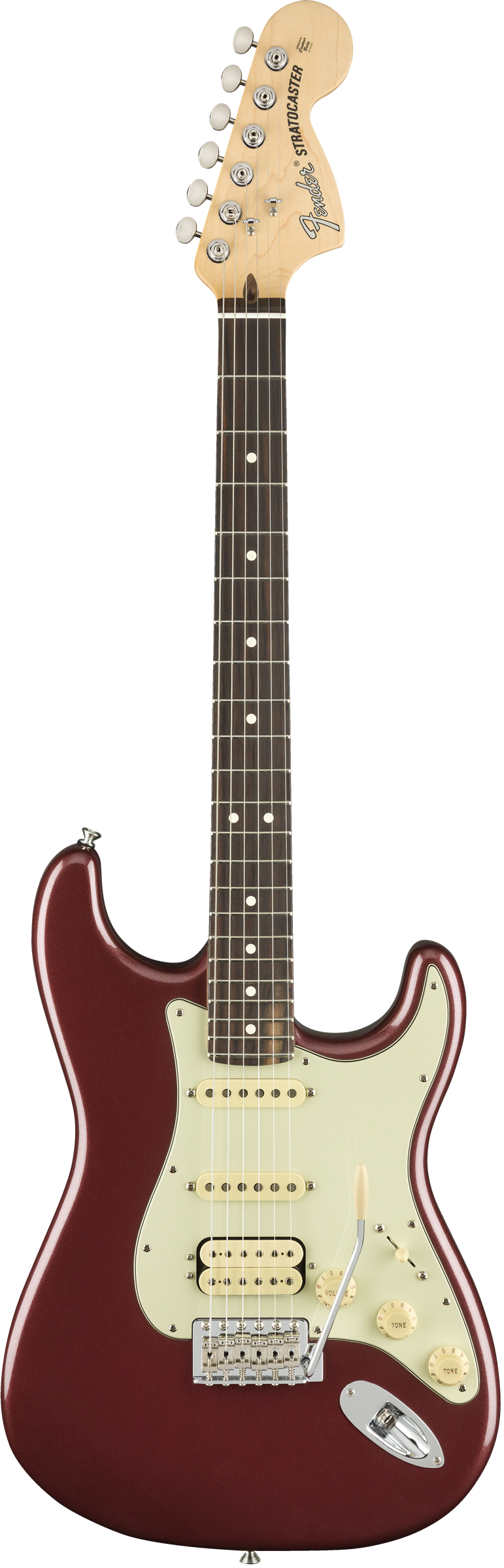 Full frontal of Fender American Performer Stratocaster HSS RW Aubergine.