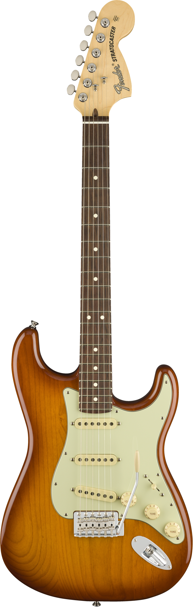 Full frontal of Fender American Performer Stratocaster RW Honey Burst.