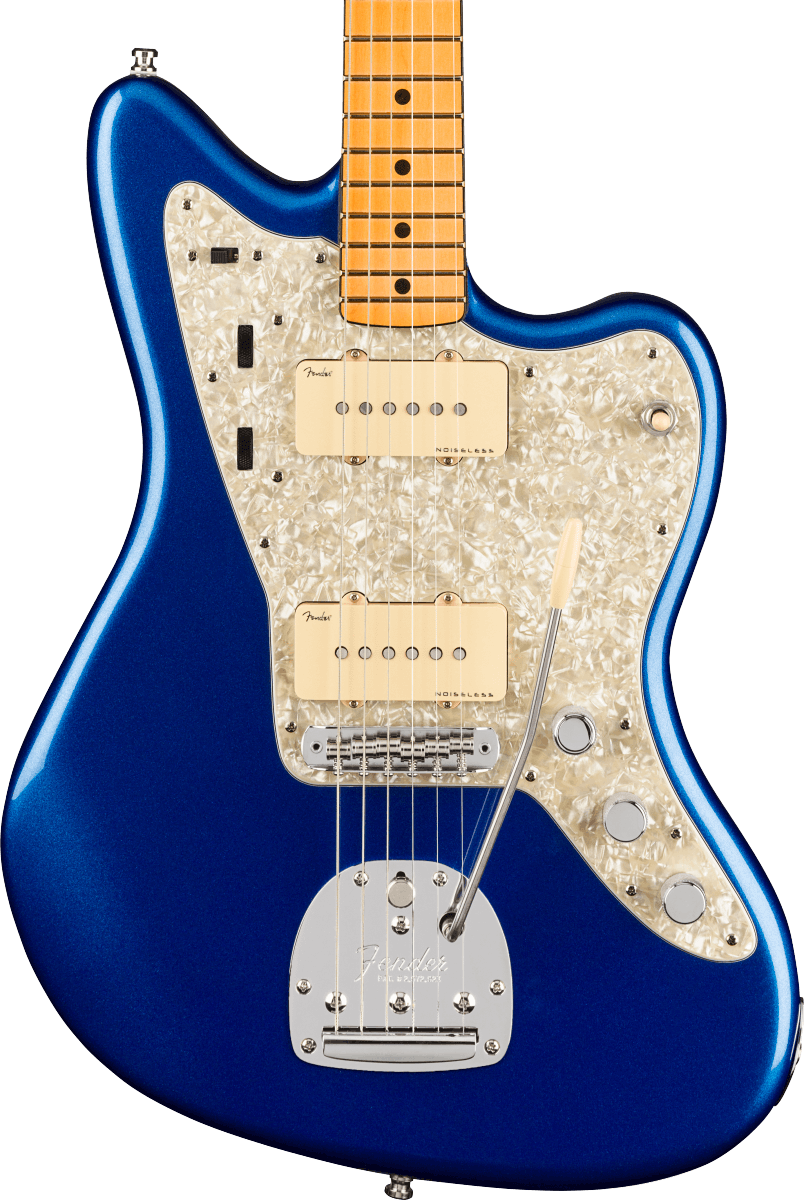 Front of Fender American Ultra Jazzmaster MP Cobra Blue.