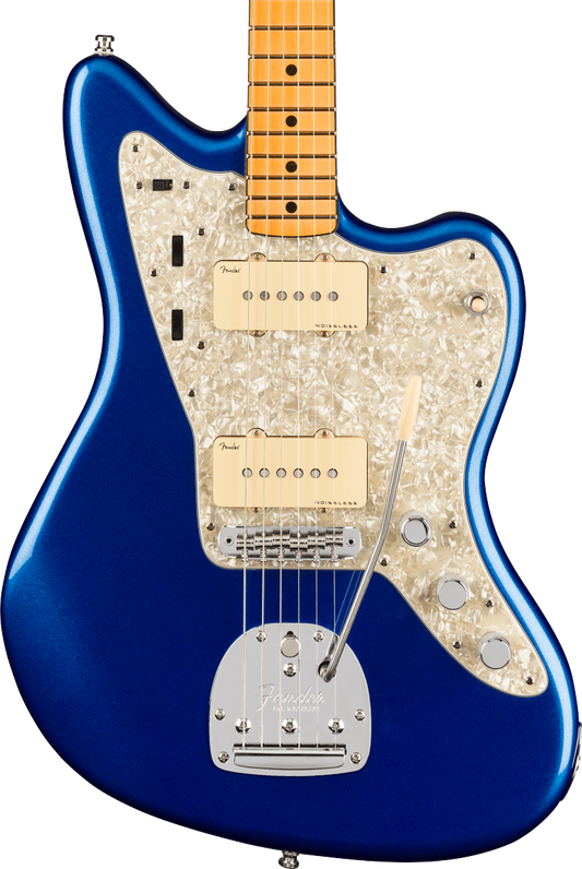 Front of Fender American Ultra Jazzmaster MP Cobra Blue.