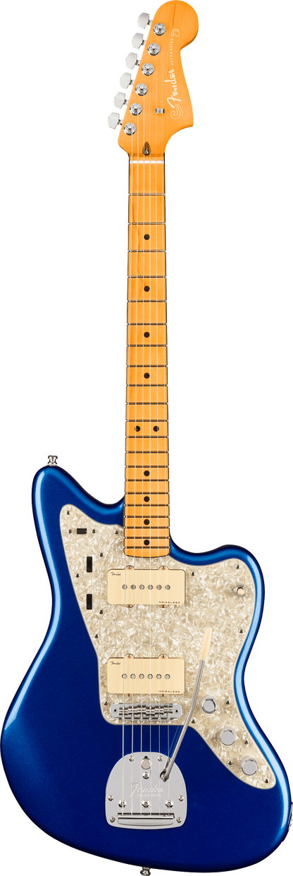 Full frontal of Fender American Ultra Jazzmaster MP Cobra Blue.