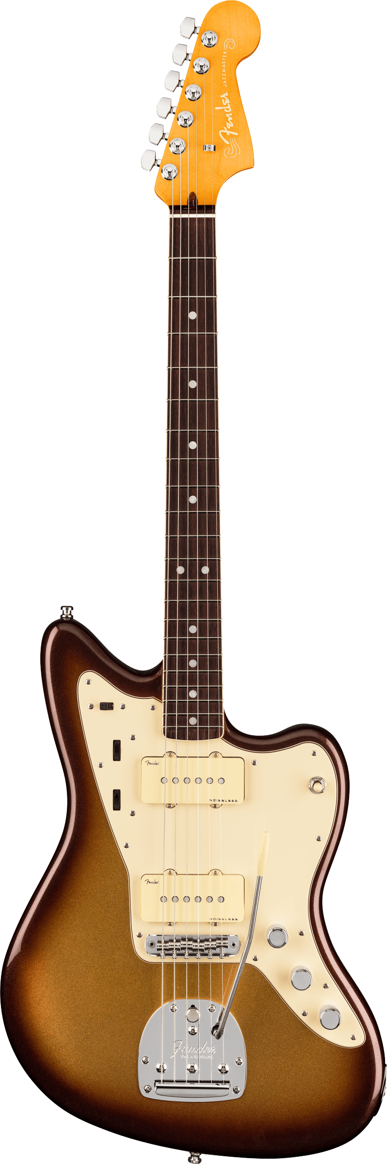 Full frontal of Fender American Ultra Jazzmaster RW Mocha Burst.