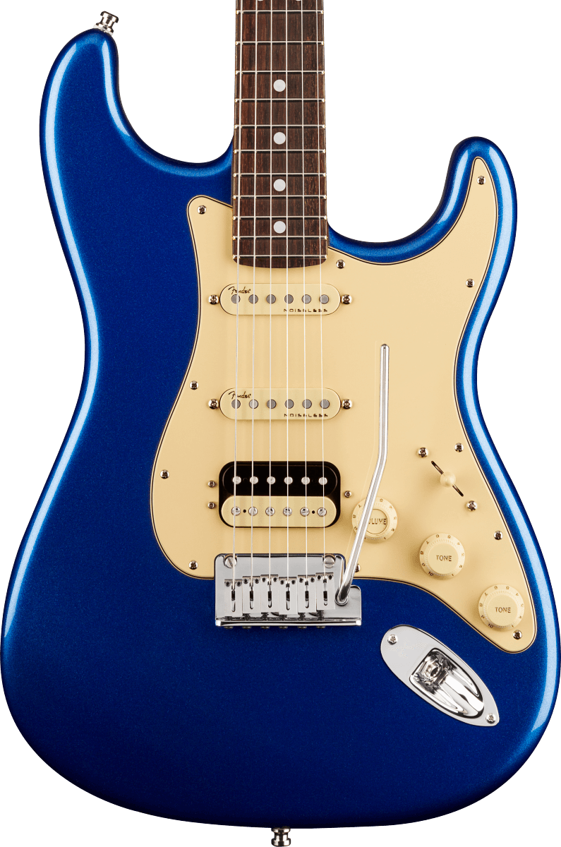 Front of Fender American Ultra Stratocaster HSS RW Cobra Blue.