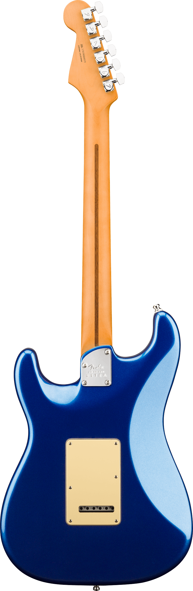 Back of Fender American Ultra Stratocaster HSS RW Cobra Blue.
