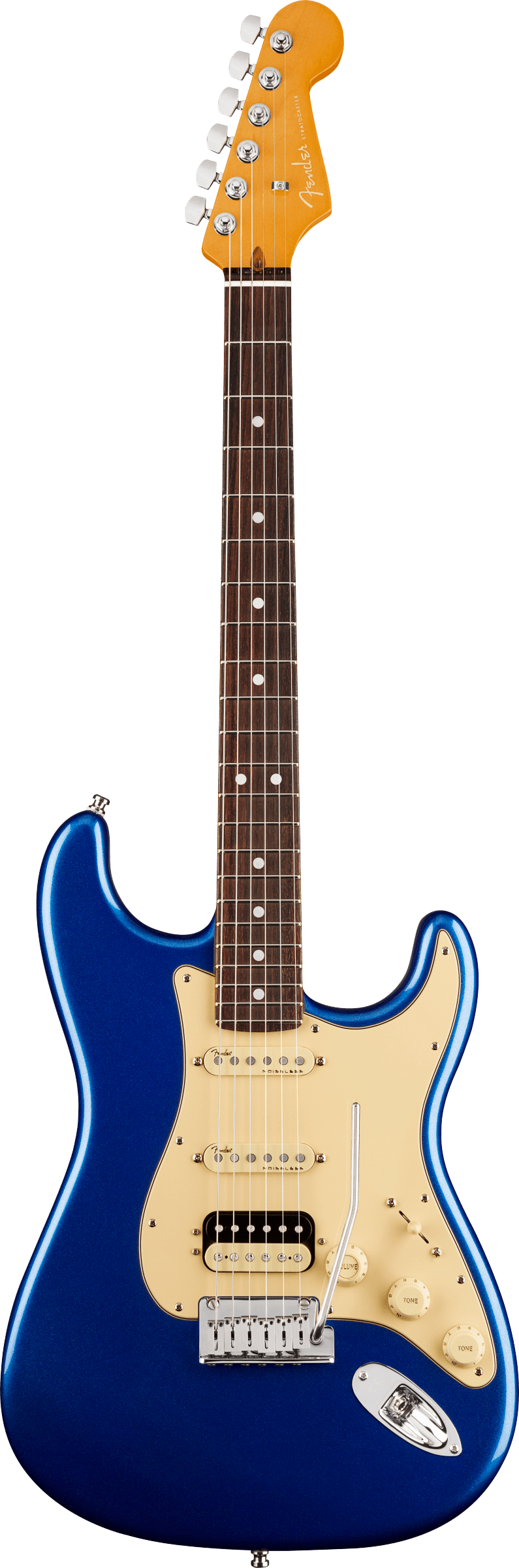 Full frontal of Fender American Ultra Stratocaster HSS RW Cobra Blue.