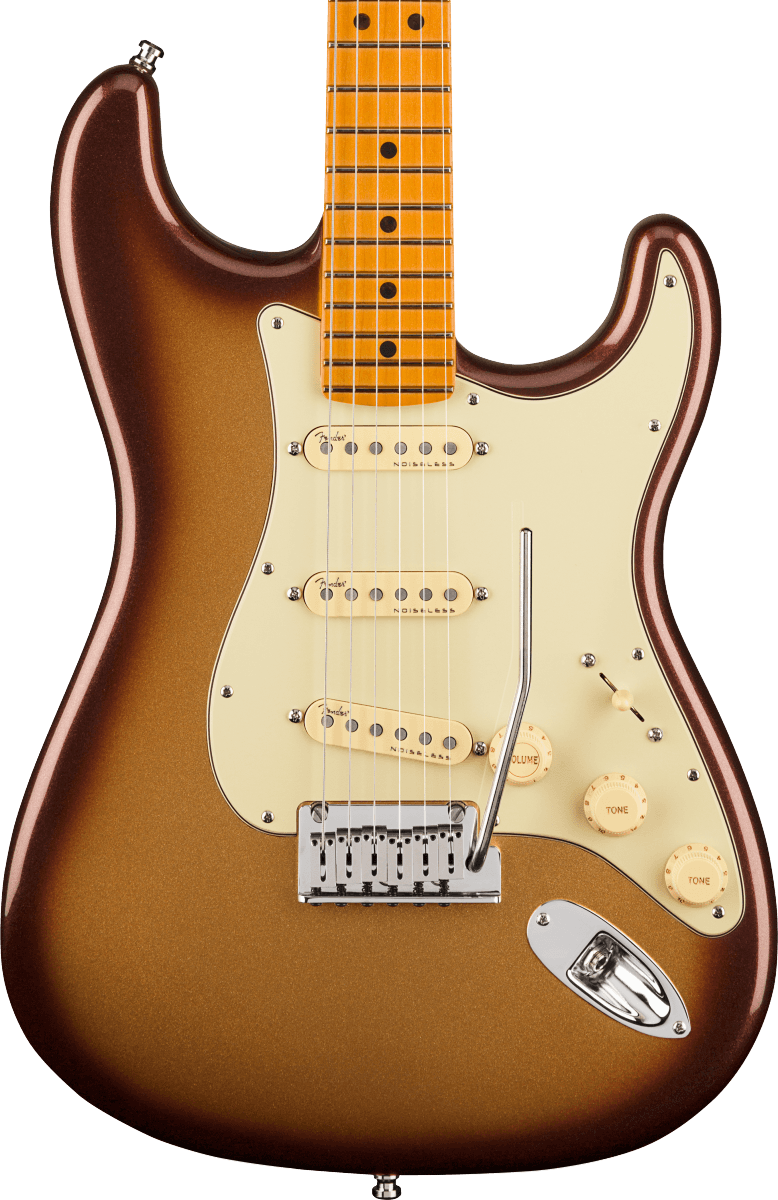 Front of Fender American Ultra Stratocaster MP Mocha Burst.