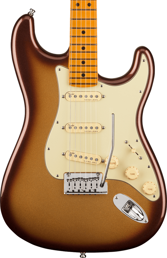 Front of Fender American Ultra Stratocaster MP Mocha Burst.