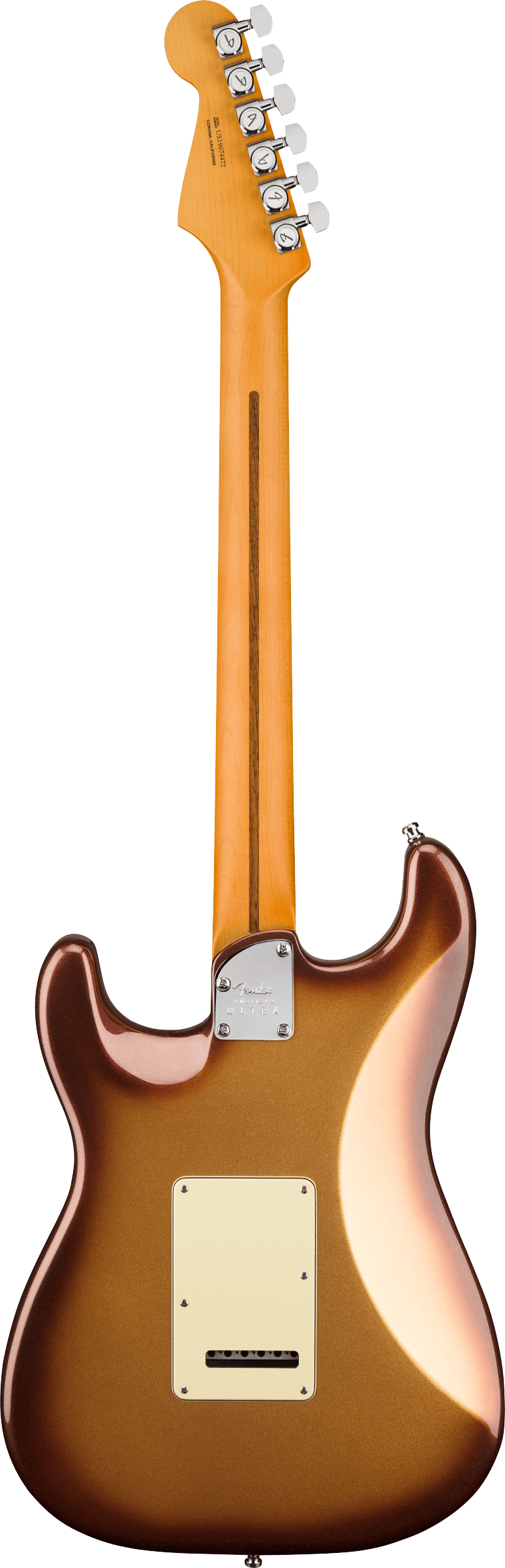 Back of Fender American Ultra Stratocaster MP Mocha Burst.