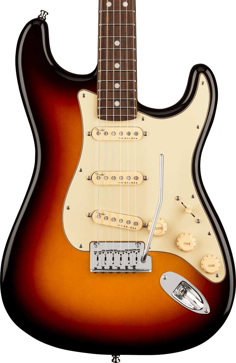 Front of Fender American Ultra Stratocaster RW Ultraburst.
